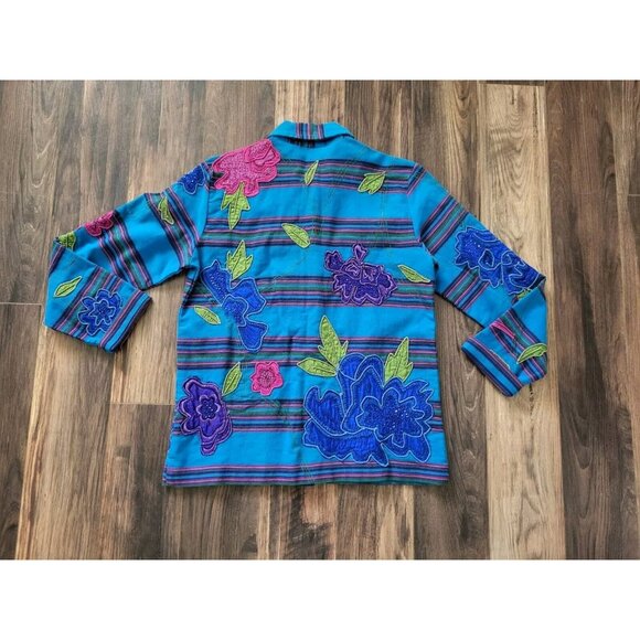 Vtg Chicos Colorful Blue Purple Floral Applique Beaded Artsy Button Up Jacket S - Picture 3 of 5